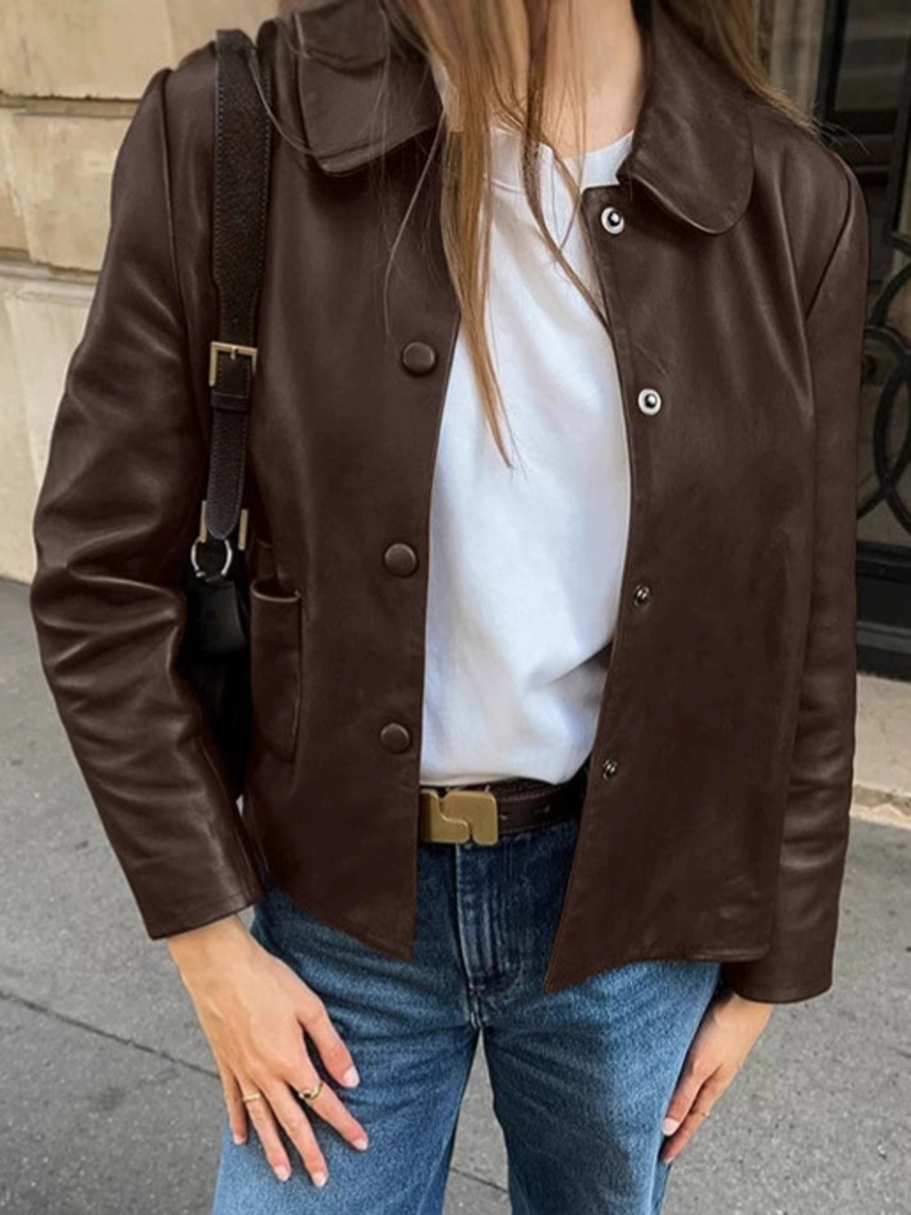 Zara Retro Maillard Brown Leather Jacket Fleece Lined Lapel Fall Winter